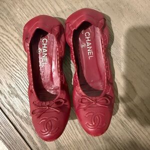 CHANEL Red Leather ballet flats